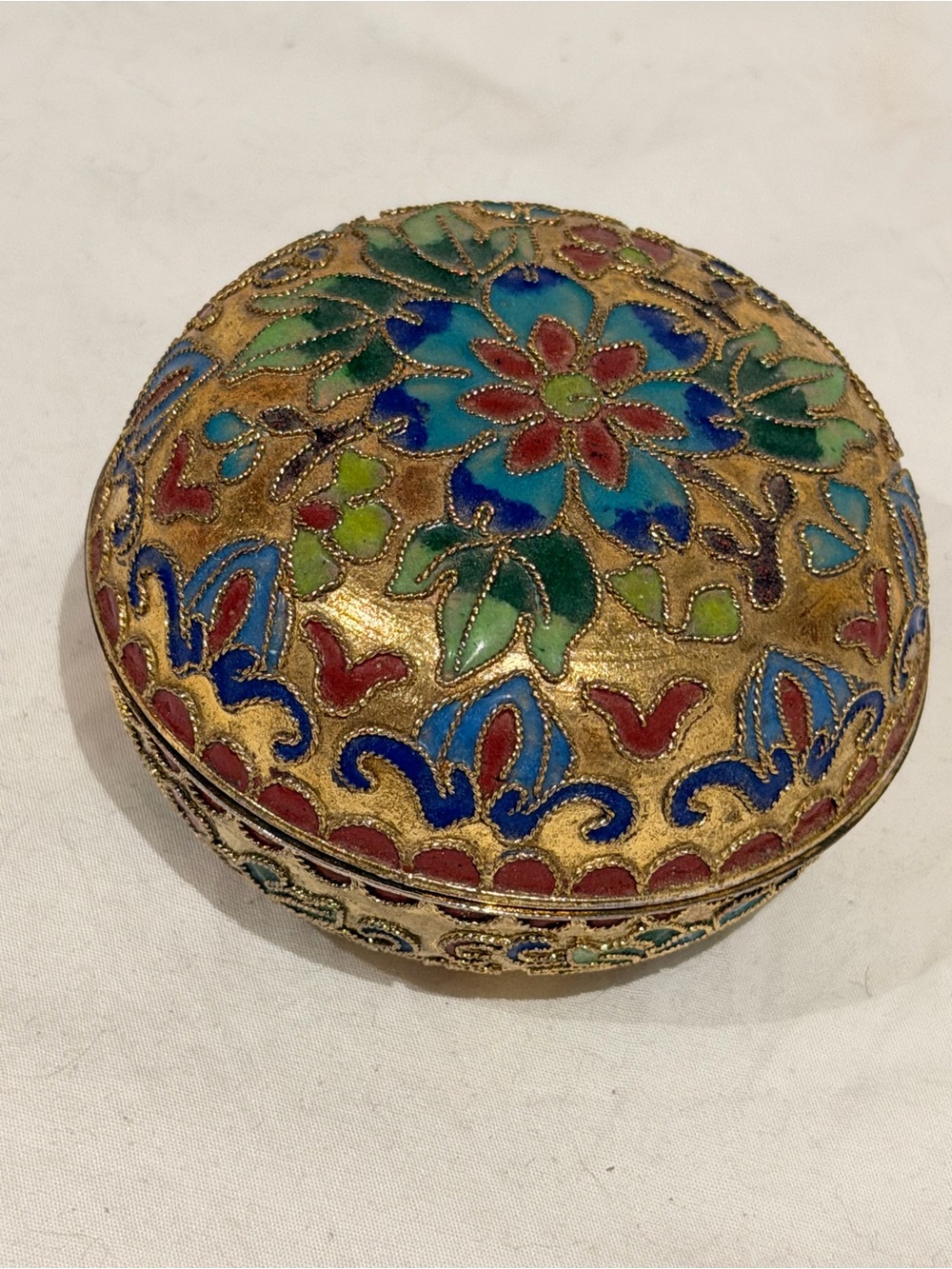 Vintage Cloisonné Brass Stunning florals Multi Color enamel round trinket box.